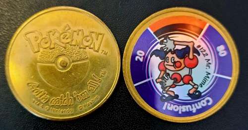 Pokemon Trading Cards - 1999 Nintendo / Hasbro - Gold Metal Battle Coin - #122 Mr. Mime 35mm - NM