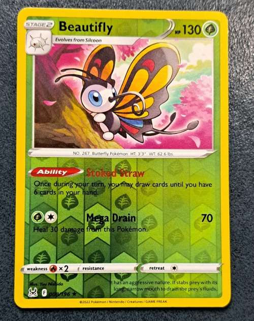 Pokemon Trading Cards - Beautifly - 008/196 - Rare Reverse Holo - Lost Origin - NM