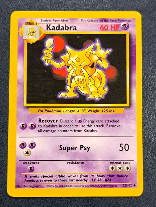 Pokemon Trading Cards - Kadabra - 32/102  - 1999 Base Set Unlimited Singles - LP/NM