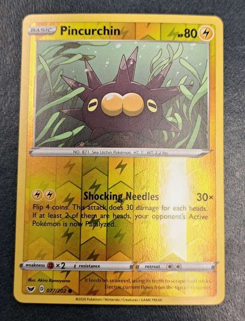 Pokemon Trading Cards - Pincurchin - 077/202 - Reverse Holo - Sword & Shield (Base Set) - NM