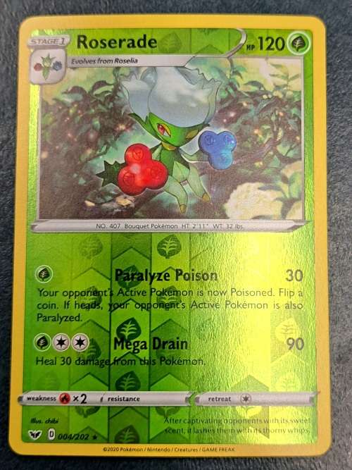 Pokemon Trading Cards - Roserade - 004/202 - Rare Reverse Holo - Sword & Shield (Base Set) - NM