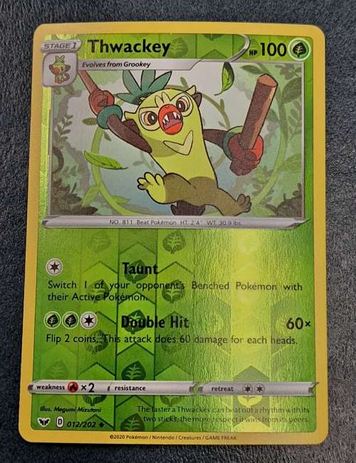 Pokemon Trading Cards - Thwackey - 012/202 - Reverse Holo - Sword & Shield (Base Set) - NM
