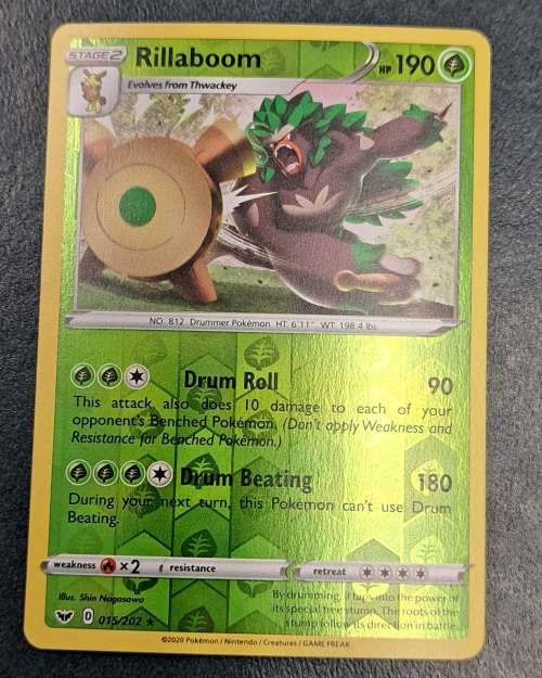 Pokemon Trading Cards - Rillaboom - 015/202 - Rare Reverse Holo - Sword & Shield (Base Set) - NM