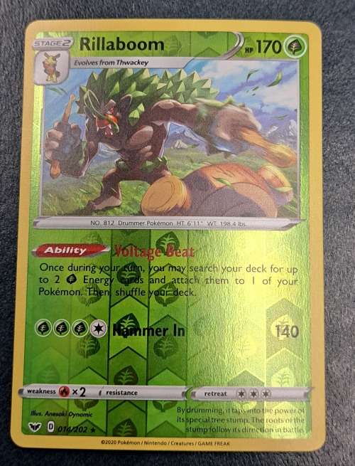 Pokemon Trading Cards - Rillaboom - 014/202 - Rare Reverse Holo - Sword & Shield (Base Set) - NM