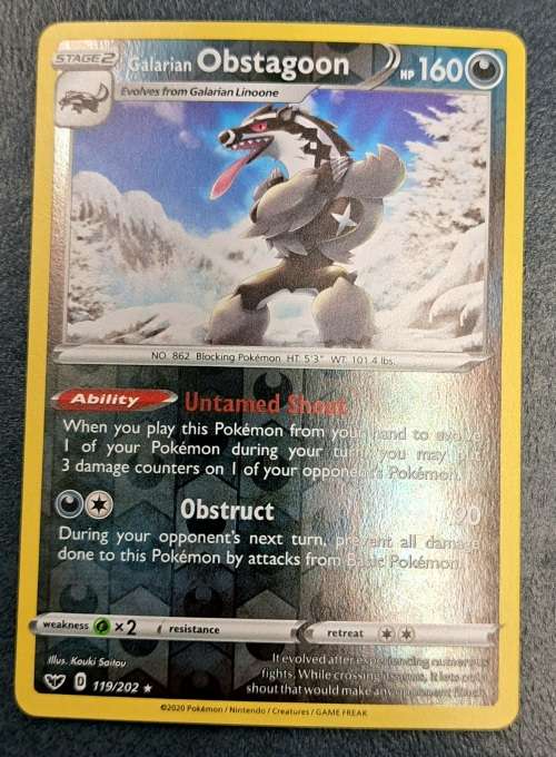 Pokemon Trading Cards - Galarian Obstagoon - 119/202 -Rare Rev Holo - Sword & Shield (Base Set) - NM
