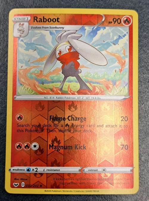 Pokemon Trading Cards - Raboot - 032/202 - Reverse Holo - Sword & Shield (Base Set) - NM