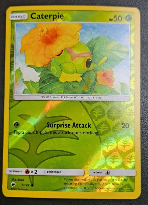 Pokemon Trading Cards - Caterpie - 1/147 - Reverse Holo - Burning Shadows - NM