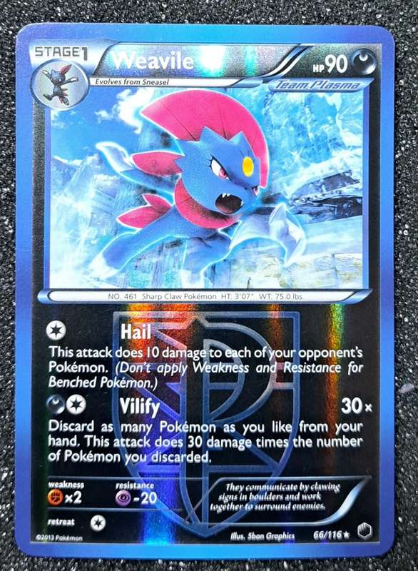 Pokemon Trading Cards - Weavile - 66/116 - Rare Reverse Holo - Plasma Freeze - VLP/NM
