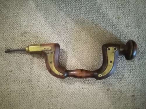 Antique wood & brass brace hand drill - Vintage Woodworker Tool