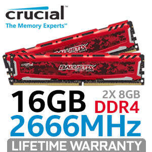 16GB (2 x 8gb) dual channel DDR4 2666mhz RAM - Crucial Ballistix Sport