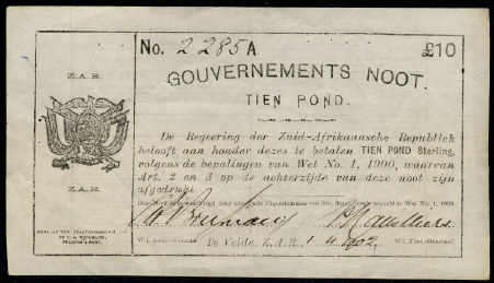 Pelgrims Rest TE VELDE ZAR Ten Pound Note (Â£10) dated 1.4.1902 (Only 700 printed during Boer War)