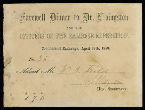 Ultimate Rhodesiana: Farewell Dinner Invitation Card Dr David Livingstone Zambese Expedition : 1858