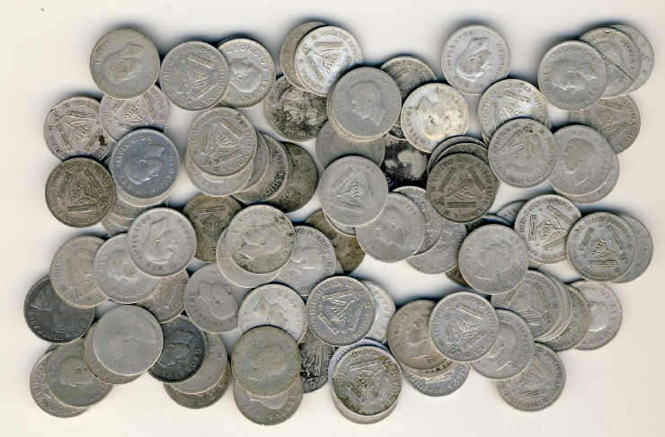 One Hundred (100) SA SILVER Tickeys minted between 1923-1950
