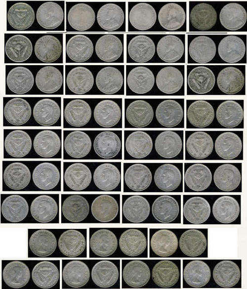 Union of South Africa: Silver Tickey (3d) Collection. COMPLETE 1923-1959 (bar 1925 and 1931 dates)