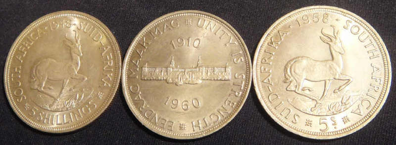 Three South African SILVER CROWNS (5/- pieces) available: Bid per coin to take all three.