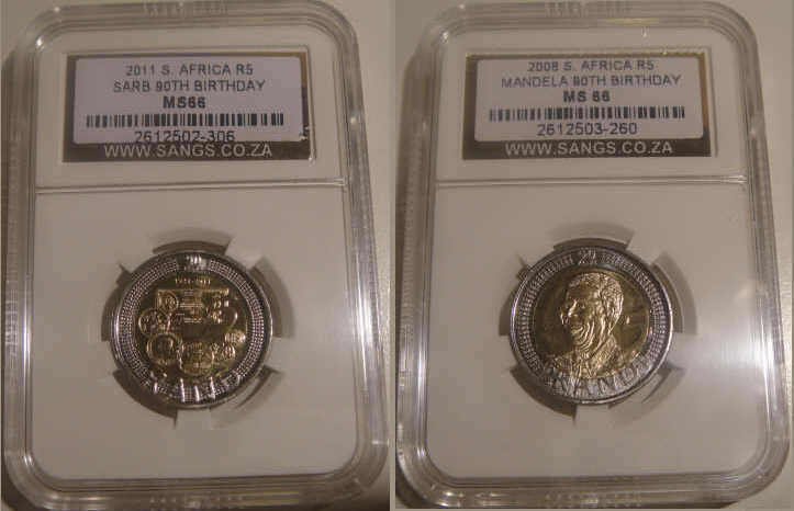 LATE ENTRY : Bid on the PAIR :Both in stunning MS66: Nelson Mandela AND SARB  90th Birthday R5 coins