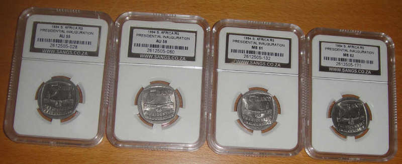 Collection of Mandela 1994 Inauguration R5 coins: AU55, AU58, MS61 and MS62: Bid on whole collection