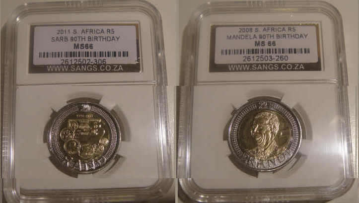 BID on the PAIR : BOTH in stunning MS66 : Nelson Mandela AND SARB  90th Birthday R5 coins!