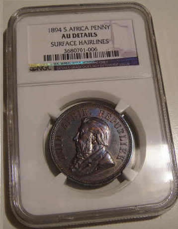 NGC Graded: Paul Kruger Z.A.R. Penny (1d) : 1894 BN : almost Uncirculated Details