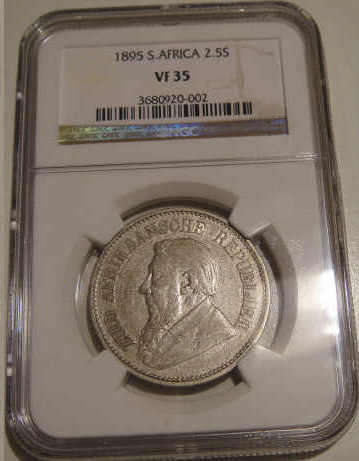 NGC Graded: Paul Kruger Z.A.R. Half Crown (2/6-) : 1895 : Very Fine (VF35)