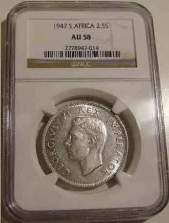 NGC Graded : SA Union : Half Crown (2/6-) : 1947 : AU58