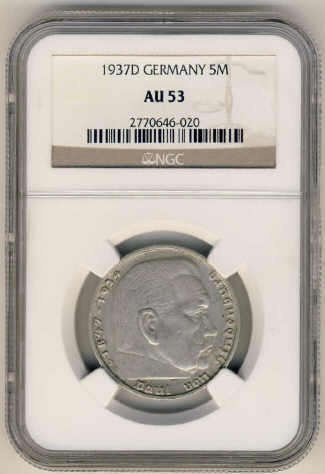 NGC Graded : World War Two (WW2) : German Silver Five-Mark 1937 D : AU53