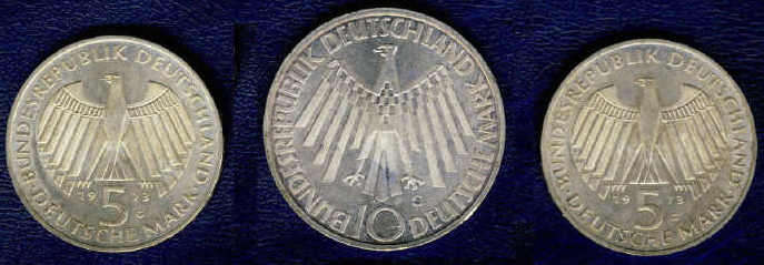 German Silver : 10 Mark (1972 Munich OLYMPIC Games) and 2 x 1973 5-Marks: Bid per coin to take all 3