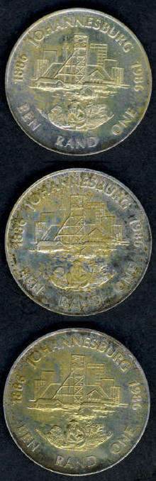 Three SILVER ONE RAND Coins (Commemorating Johannesburg Centenary 1886-1986)