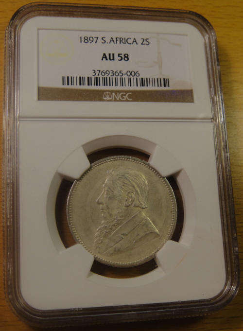 Z.A.R. Paul Kruger Two-Shilling (2/-) 1897 : NGC Graded AU58 (almost Uncirculated)