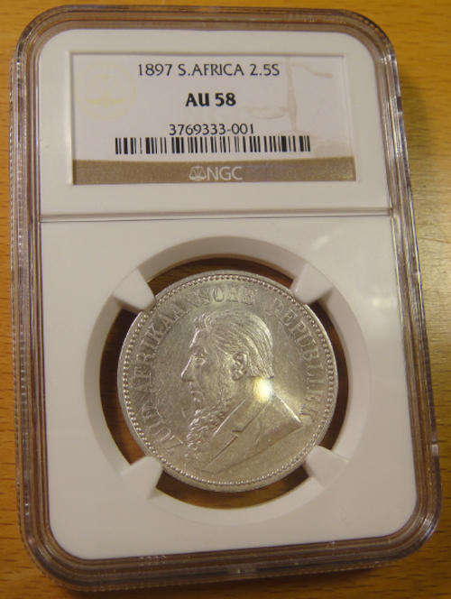 Z.A.R. Paul Kruger Half Crown (2/6-) 1897: NGC Graded AU58 (almost Uncirculated)