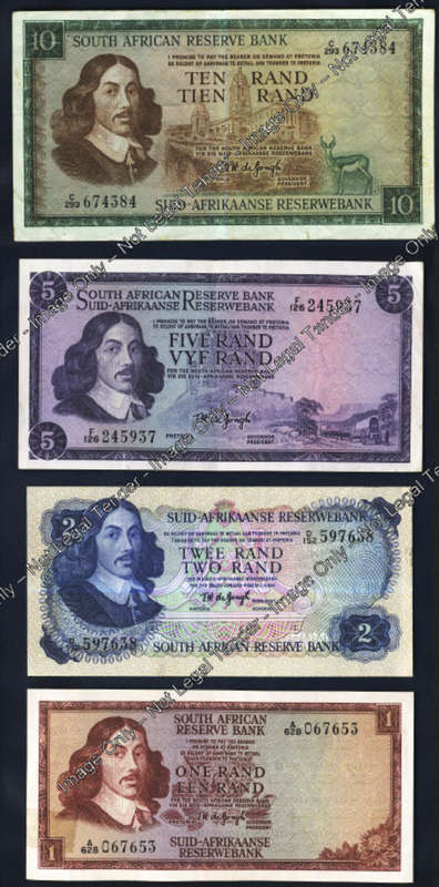 Old Type collection of Jan van Riebeeck banknotes (TW de Jongh) : R1, R2, R5 and R10