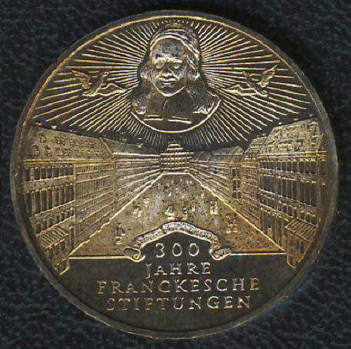 GERMANY : Large MINT STATE 10-Mark struck in SILVER : Franckesche Charitable Endowment (1698-1998)