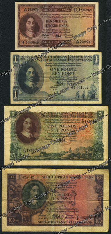 MH de Kock: The LAST of the Pound/ Shilling notes: Complete Type Set: Ten Shillings up to Ten Pounds