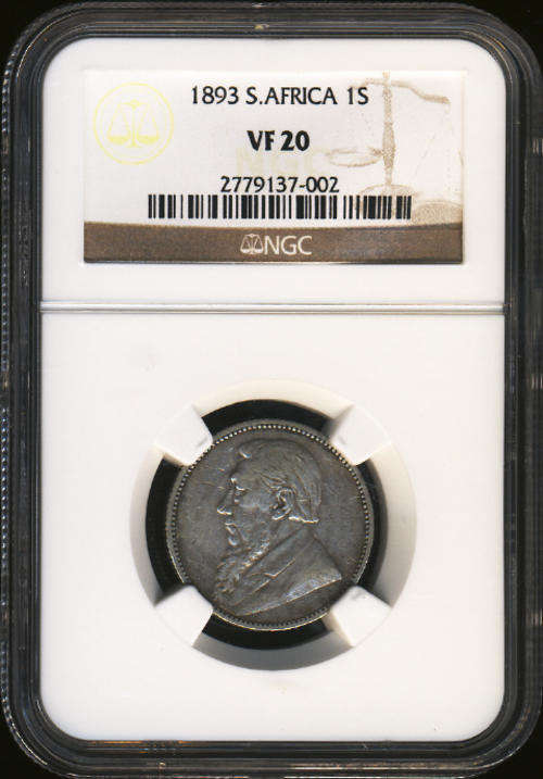NGC GRADED and AUTHENTICATED: Paul Kruger Z.A.R. Shilling (1/-) : 1893 : Very Fine (VF20) NGC