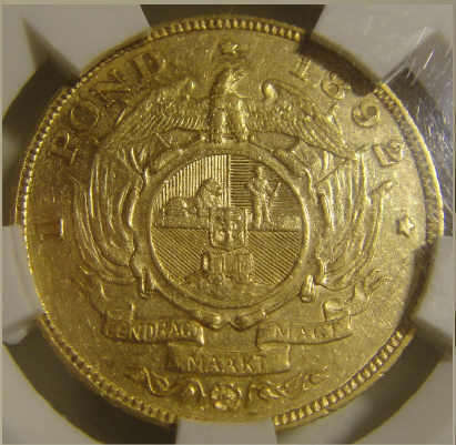1892 ZAR Paul Kruger Gold Pond (DOUBLE SHAFT) : Sangs graded AU50