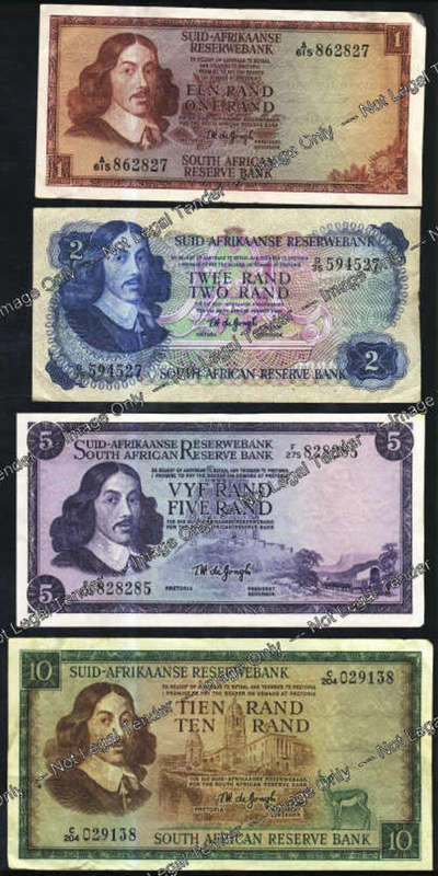Set of TW de Jongh Banknotes : R1, R2, R5 and R10 : Complete Type Set