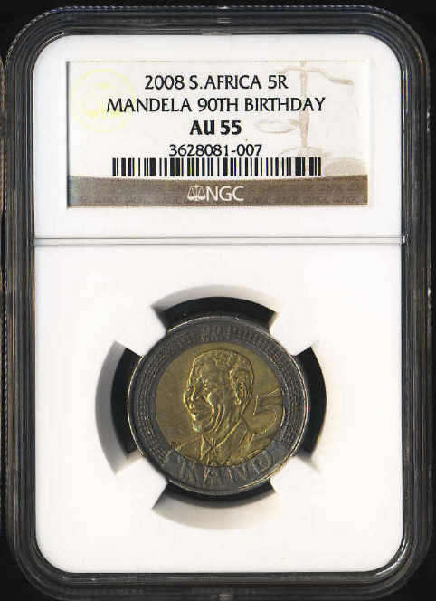 NGC Graded : Nelson Mandela 90th Birthday R5 of 2008 : AU55 (Three available)