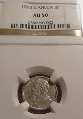 1893 ZAR Tickey (3d) : almost MINT STATE (a/Uncirculated) : NGC GRADED AU50