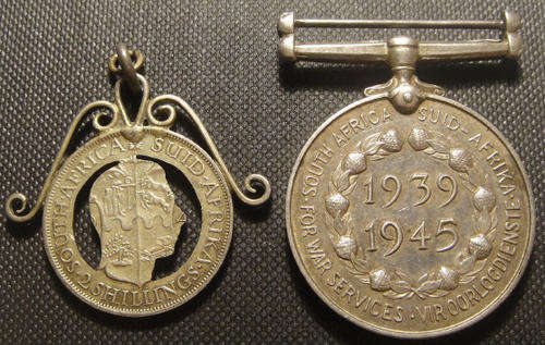 1939-1945 South African Medal for War Services plus Trench Art brooch or pendant