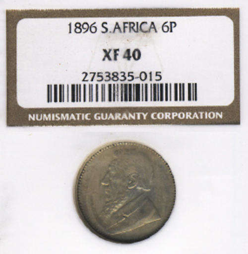 1896 Paul Kruger (Z.A.R.) Sixpence (6d) : NGC Graded XF40