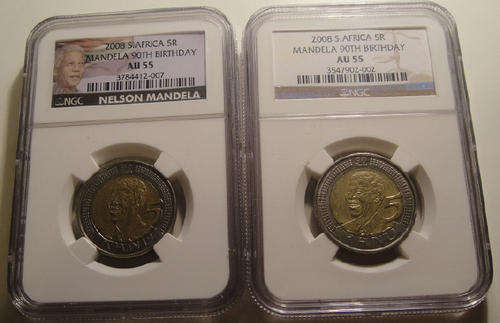 2 x Nelson Mandela 90th Birthday (2008) R5 coins : NGC graded AU 55 (Old & New holders)