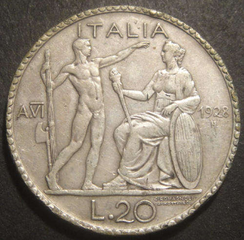 Italy : SILVER 20-Lire of 1928R (Vittorio Emanuele III) : RARE
