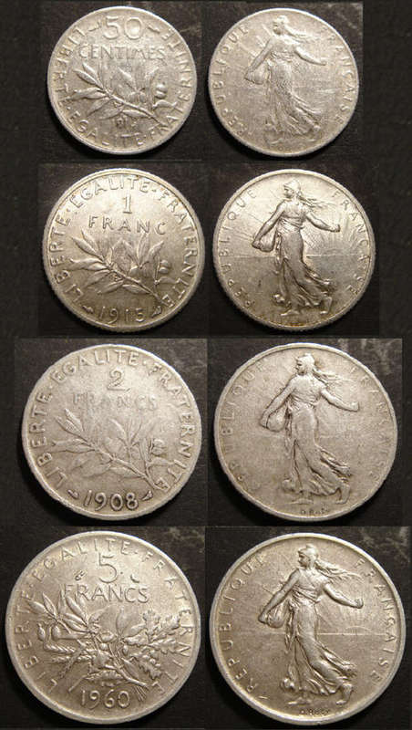 WORLD SILVER : France : The Sower : Type set up to 5 Franc
