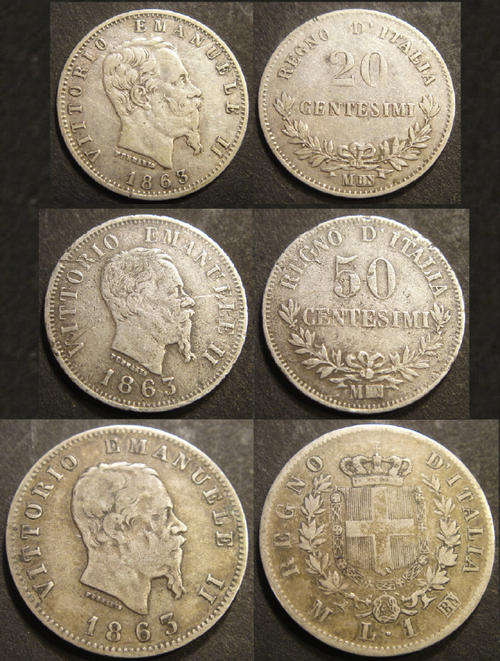 WORLD SILVER : Italy : Vittorio Emanuele II : Silver Set of 1863