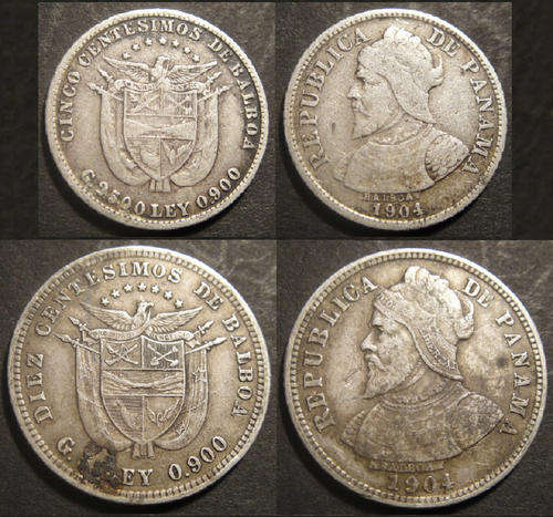 WORLD SILVER : Panama : Set of 5 & 10 Centesimo : 1904