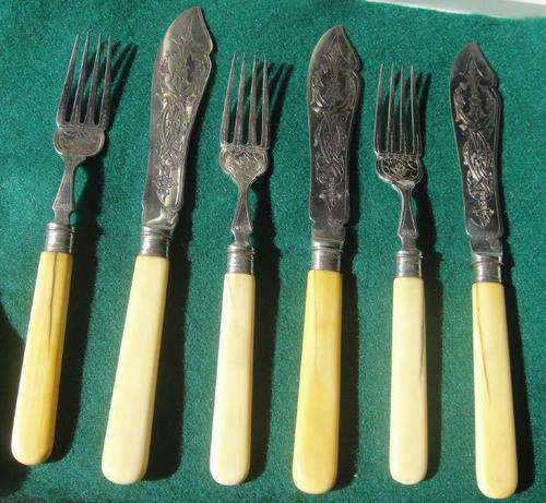Antique Bone Handled Cutlery set of 3 knives & 3 forks by John Round & Son of Sheffield