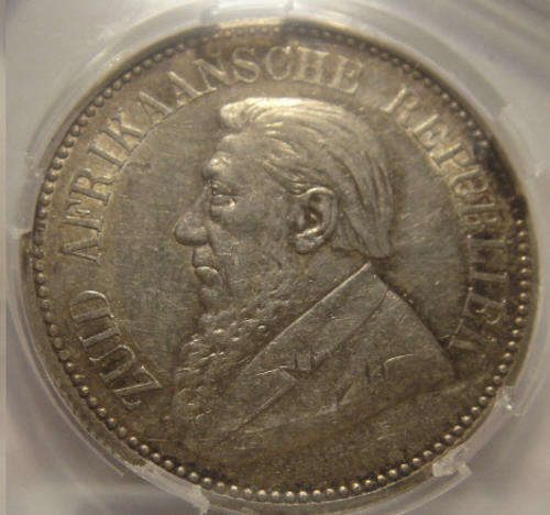 1896 Paul Kruger Z.A.R. Half Crown (2/6-) : Graded almost Mint State (AU55)