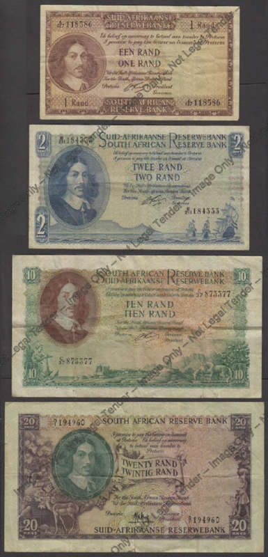 R1, R2, R10 and R20 Jan van Riebeeck bank notes from the 1960s