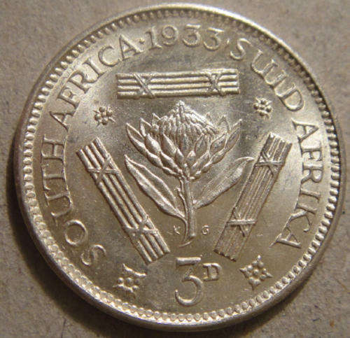 Tickey (3d) : 1933 : Almost Uncirculated: Catalogues at R750.00--R1500.00