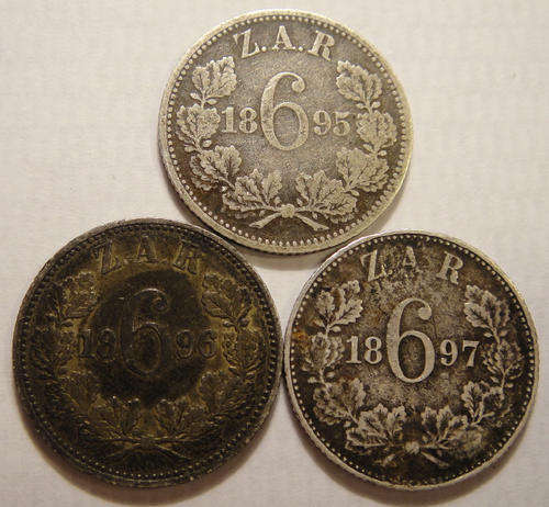 Trio of Darkly Toned Sixpences of Paul Kruger Z.A.R. (1895, 1896 & 1897)